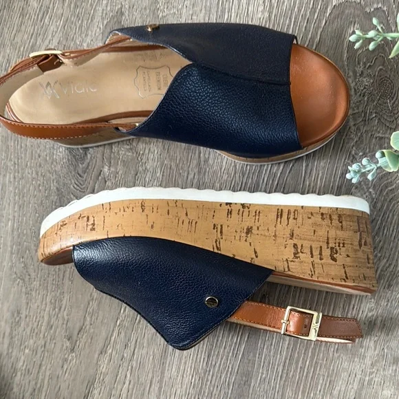 Viale Women's Navy Blue and Tan leather Sandals - Picture 2 of 2